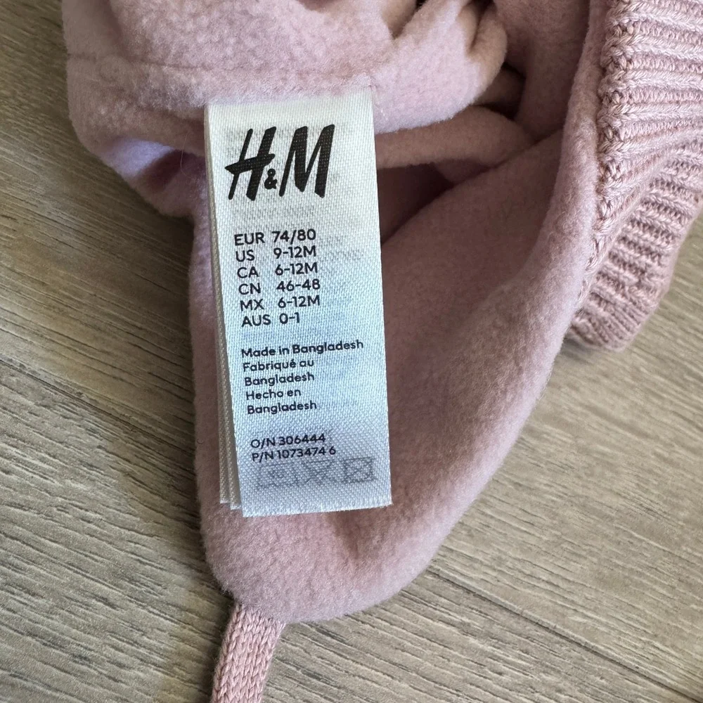 H&M Kids Pink Cable Knit Fleece Lined‎ Earflap Beanie Pom Hat 9-12 M